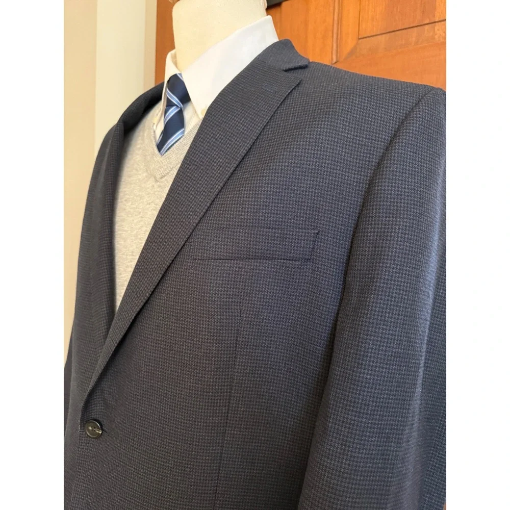 Chaps Houndstooth‎ Sport Coat Mens 46L Blue Two-Button Blazer Jacket Preppy